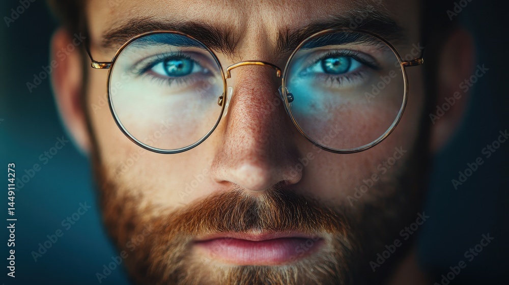 Focused close-up shows a man with beard, glasses, intense blue eyes. Use for concepts of vision, intelligence, focus, or modern technology. Focused close-up shows a man with beard, glasses, intense blue eyes. Use for concepts of vision, intelligence, focus, or modern technology.