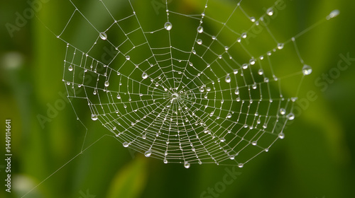 Closeup of beautiful lace of spider web covered by morning dew drops against blurry green background