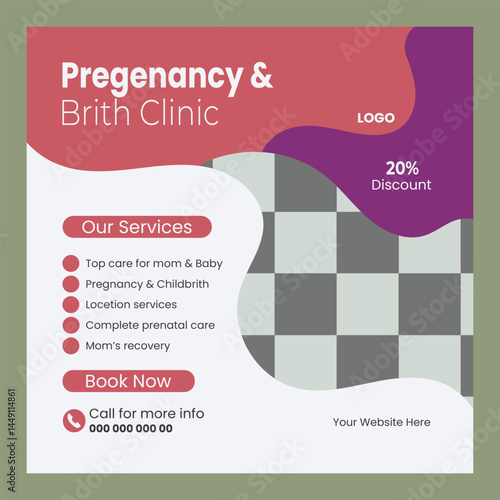  Pregnancy and childbirth clinic social media post and web banner design template
