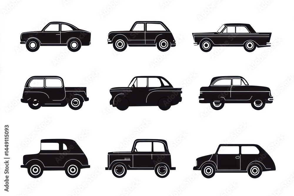 Classic Car Silhouettes, Side View, White Background, Illustration, Automotive Design Classic Car Silhouettes, Side View, White Background, Illustration, Automotive Design