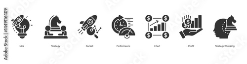 Strategic Growth icon sheet vector illustration idea, strategy, rocket, performance, chart, profit, strategic thinking