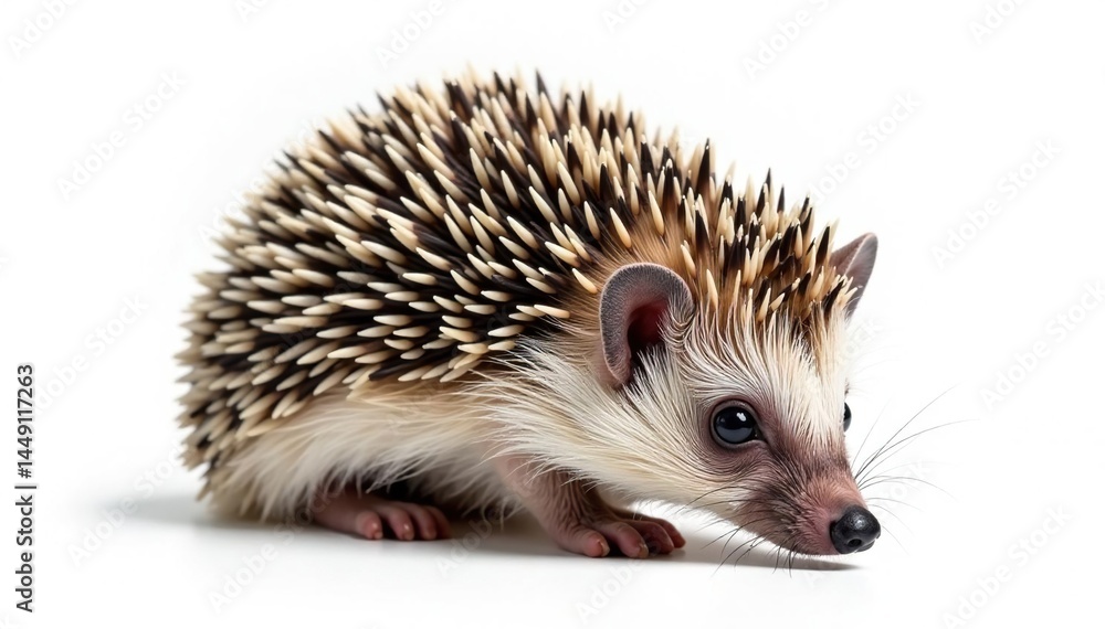 Tiny hedgehog curled, isolated on pure white background, wildlife photography, closeup Tiny hedgehog curled, isolated on pure white background, wildlife photography, closeup