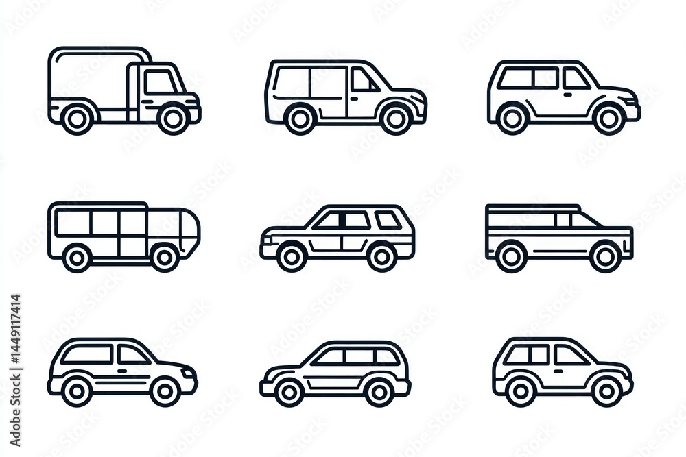 Vehicle icons; delivery, transportation, SUV, minivan, bus; white background; website design Vehicle icons; delivery, transportation, SUV, minivan, bus; white background; website design