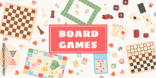 Flat board game banner concept collection. Chessboard, card, dice, and bingo elements highlight entertainment and fun. Puzzle tiles boardgame pieces offer playful leisure activity for kids family.