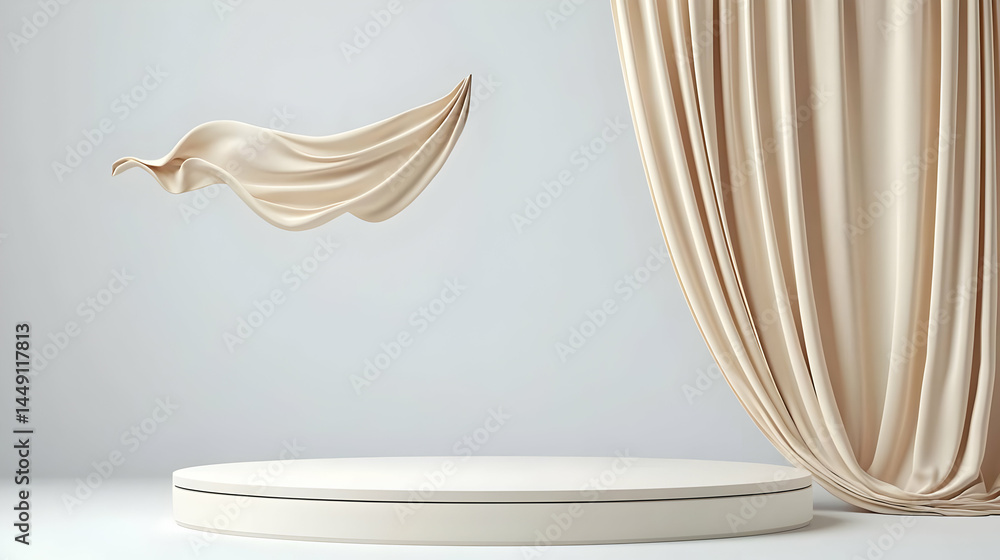 Beige Fabric Drape Over White Podium Display Beige Fabric Drape Over White Podium Display