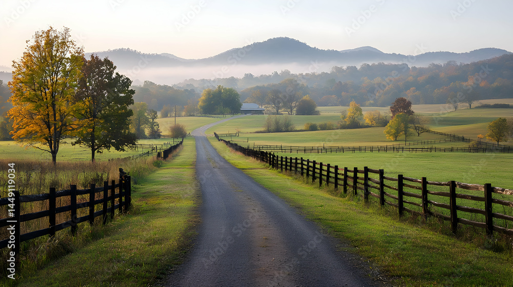 Misty Autumn Country Road Through Farmland Misty Autumn Country Road Through Farmland