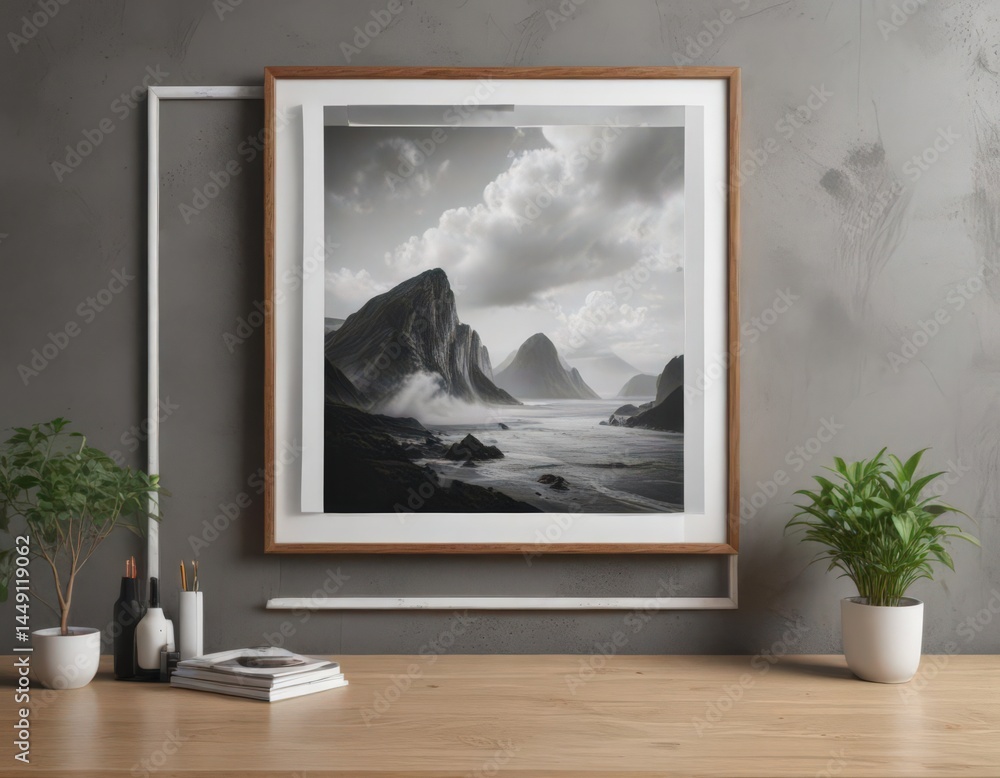 Fototapeta premium Modern collage frame mockup with diverse image display options , interior design, different sizes, photography template