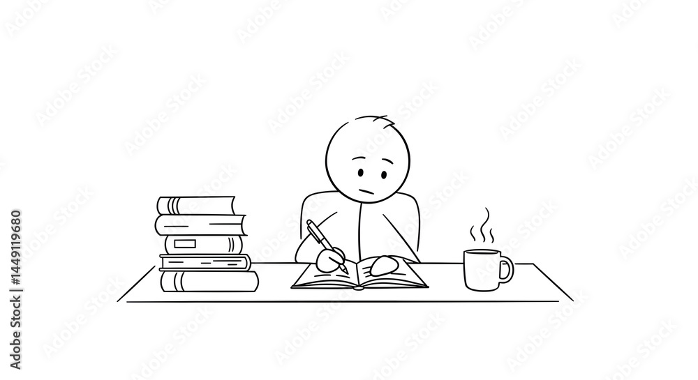 Simple Line Art: Focused Student Studying with Books and Coffee Simple Line Art: Focused Student Studying with Books and Coffee