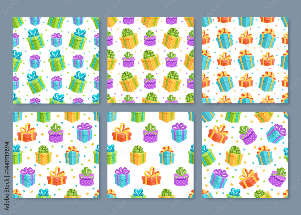 Fototapeta premium Cartoon gift box seamless pattern set in colorful wrapping. Present with ribbon and bow in flat style. Ideal for birthday celebration and festive events.