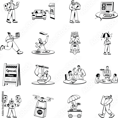 Set of Glyph Style Restaurant Delivery Illustrations
