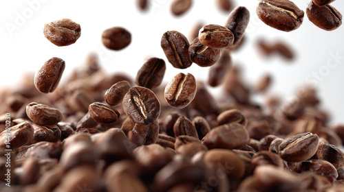 Coffee beans falling, cascading.  A pile of roasted coffee beans in motion, a dynamic display