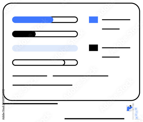 Progress bars, square graphs, and text lines arranged in a clean, minimalist dashboard layout. Ideal for analytics, project management, monitoring, productivity, reports business flat simple