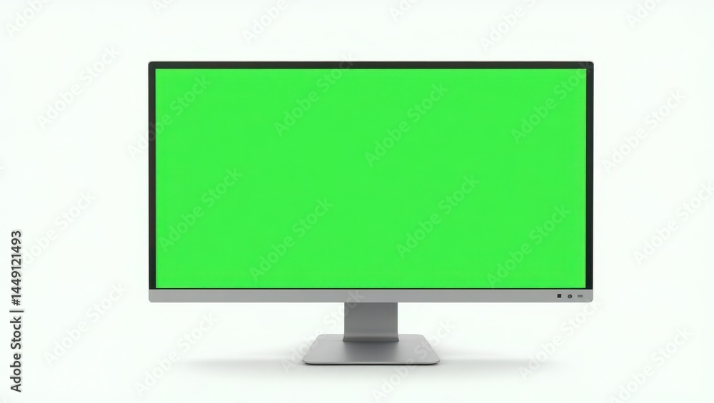 A modern widescreen desktop monitor displayed on a clean white background. The screen is turned on, showing a bright, uniform green chroma key color. The monitor is mounted on a sleek silver stand, wi A modern widescreen desktop monitor displayed on a clean white background. The screen is turned on, showing a bright, uniform green chroma key color. The monitor is mounted on a sleek silver stand, wi
