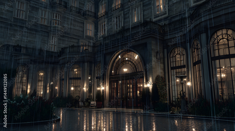 Obraz premium Elegant grand hotel entrance glowing at night with reflections shimmering on wet rainy pavement outside