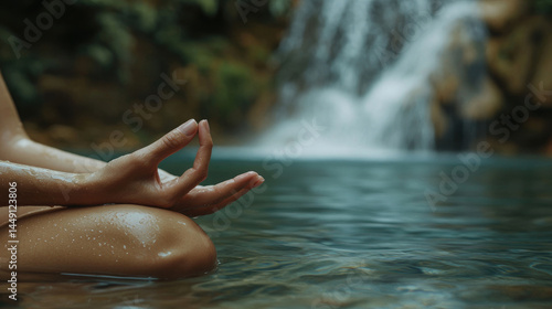 Peaceful meditation by a waterfall.  Hands in mudra pose, serene