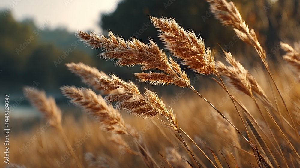 Golden grass swaying in the wind at sunset, natural scenery Golden grass swaying in the wind at sunset, natural scenery