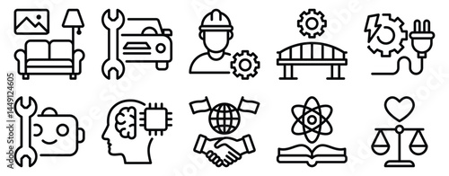 Education Topics Icon Set Line Style Collection representing academic subjects and learning themes suitable for schools online courses and educational content platforms