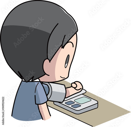 上腕自動式の血圧計で血圧を測る男性のイラスト