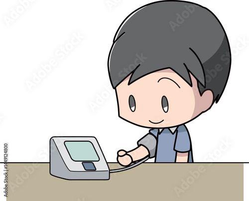 上腕式カフの血圧計で血圧を測る男性のイラスト