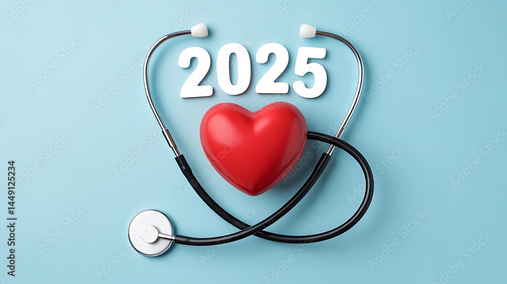 Fototapeta premium Healthcare In 2025 Concept Stethoscope With Red Heart On Blue Background