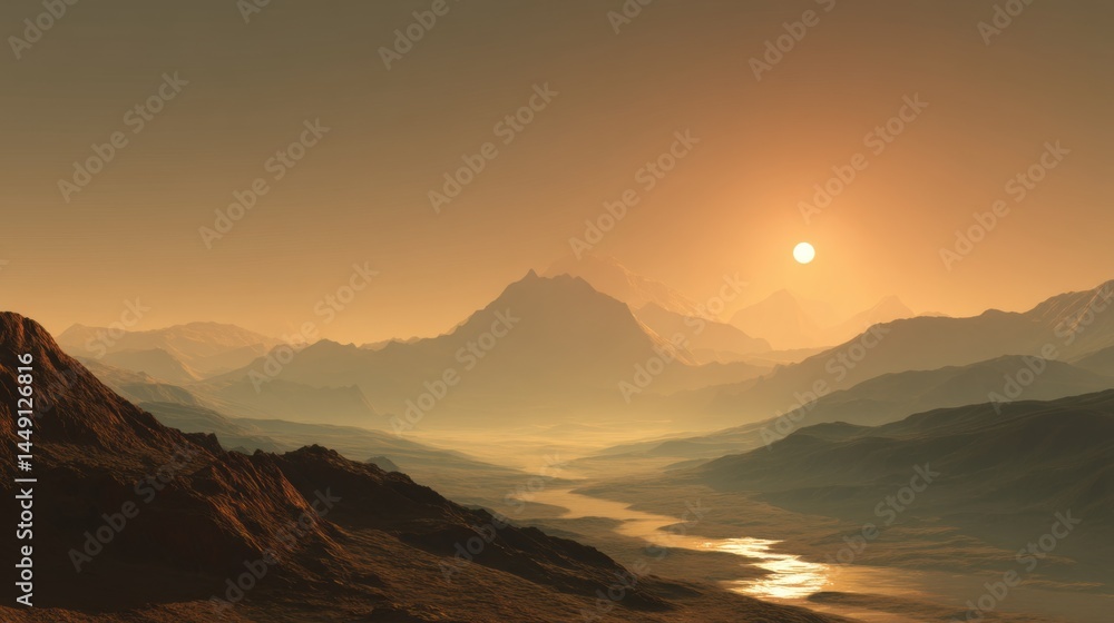 Fototapeta premium A breathtaking landscape depicting soaring mountains bathed in the soft glow of a setting sun, casting warm hues across the sky. Below, a winding river reflects the sunlight, enhancing the tranquil at
