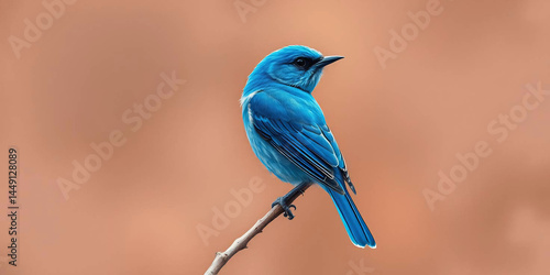 blue bird perched on a thin branch against a blurred brown background