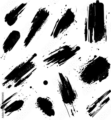 Abstract Grunge Ink Brush Strokes and Splatters, Black Paint Texture Set for Artistic Design