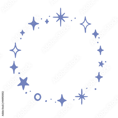 Cosmic round frame with stars and spark shines. Mystical and celestial. Vector illustration aesthetic design.