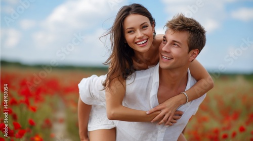 Happy couple piggyback ride in a poppy field. Romantic summer outdoors. Possible use Couple's website or blog, love theme