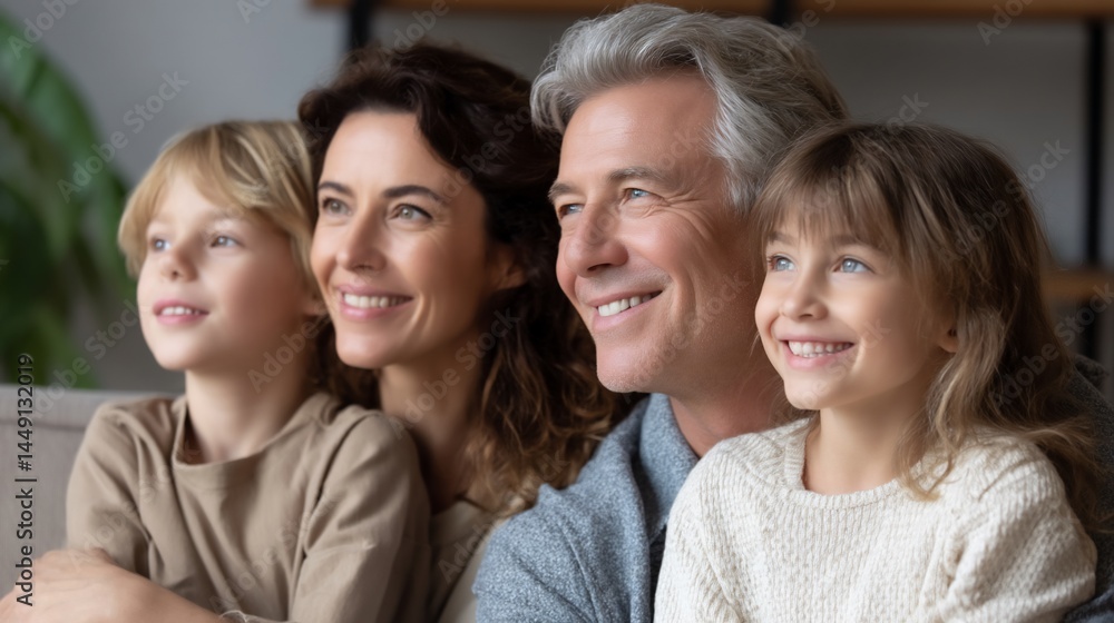 Happy family looking out a window, smiling. Possible use Family portrait, stock photo for a website or magazine Happy family looking out a window, smiling. Possible use Family portrait, stock photo for a website or magazine