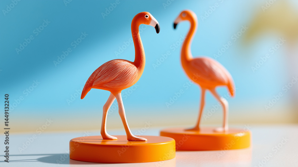 Obraz premium Two flamingo figurines on a vibrant surface, symbolizing elegance and simplicity in a bold color palette.