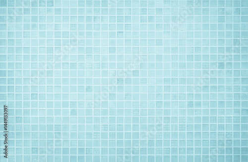 Blue light ceramic wall chequered and floor tiles mosaic background in bathroom, kitchen. Design pattern geometric with grid wallpaper texture decoration pool. Simple seamless abstract surface clean. © Phokin