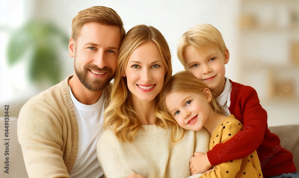 Happy family portrait, smiling parents and two children, cozy living room background, for family or home decor use Happy family portrait, smiling parents and two children, cozy living room background, for family or home decor use