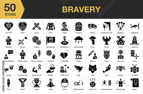 Bravery solid icon set. Includes leader, adventure, help, strength, ambition, and More. Solid icons vector collection.