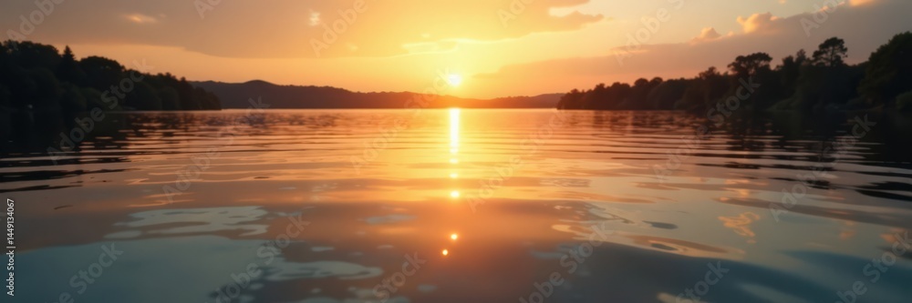 Golden metallic foil scattered on a calm lake surface at dawn, reflection, natural, peaceful Golden metallic foil scattered on a calm lake surface at dawn, reflection, natural, peaceful
