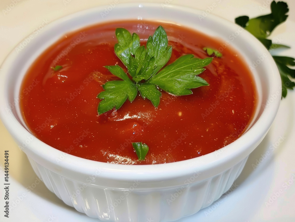 Smooth tomato sauce in a white bowl, garnished with fresh parsley Smooth tomato sauce in a white bowl, garnished with fresh parsley