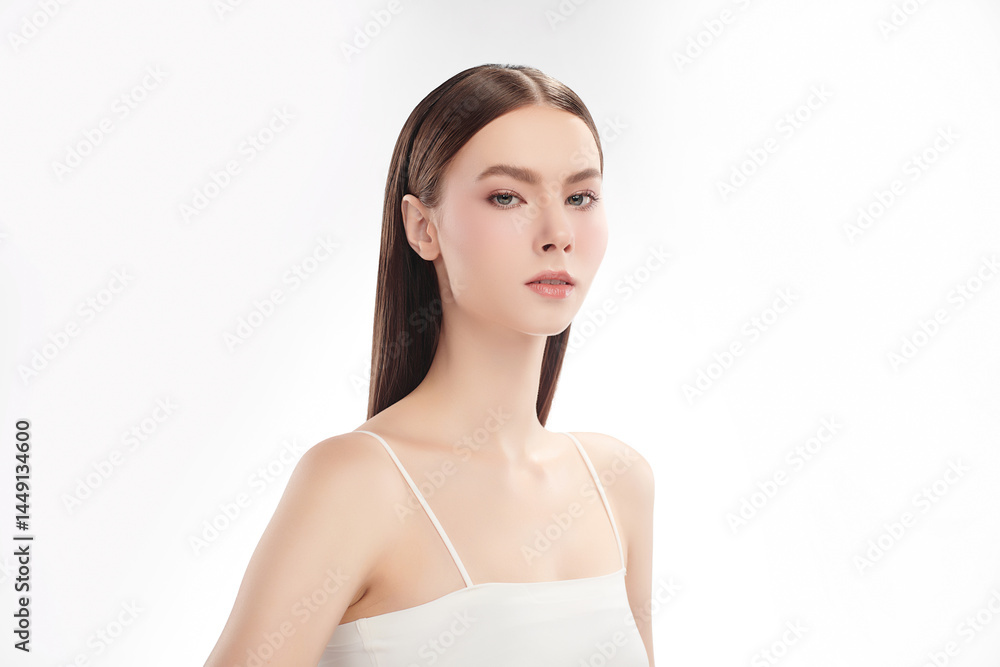 A beautiful young woman with clean, fresh skin against a white background. Skincare, facial treatment, cosmetology, beauty, and spa. An elegant portrait of an woman. A beautiful young woman with clean, fresh skin against a white background. Skincare, facial treatment, cosmetology, beauty, and spa. An elegant portrait of an woman.