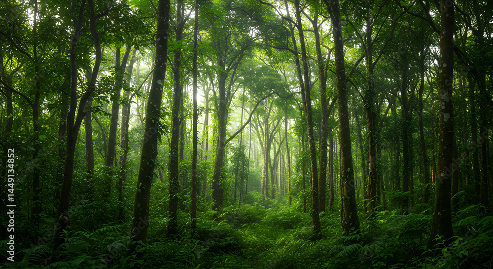 Obraz premium Walking Through a Lush Green Forest with Sunlight Streaming Through Trees