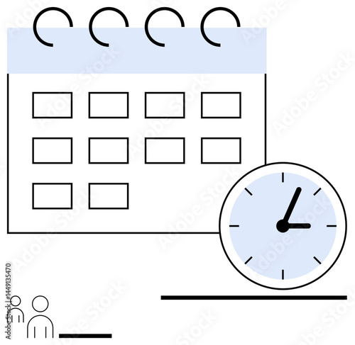 Large calendar grid paired with a clock for time management. Minimalist people icons suggest collaboration. Ideal for planning, organization, teamwork, deadlines, productivity, event coordination