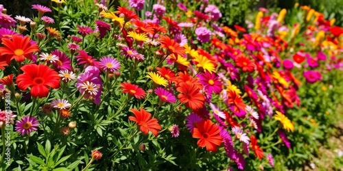 Vibrant flowers overflowing in lush garden, sunny day, full bloom, botanical