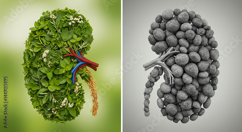 A split image of a kidney made of leaves and flowers next to one made of stones in grayscale