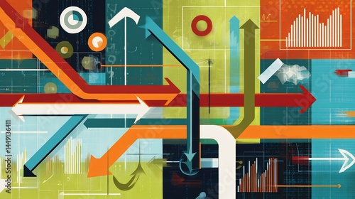 Abstract illustration of business strategy showing interconnected pathways with arrows charts and digital elements to represent growth planning and success cut out on isolated transparent background