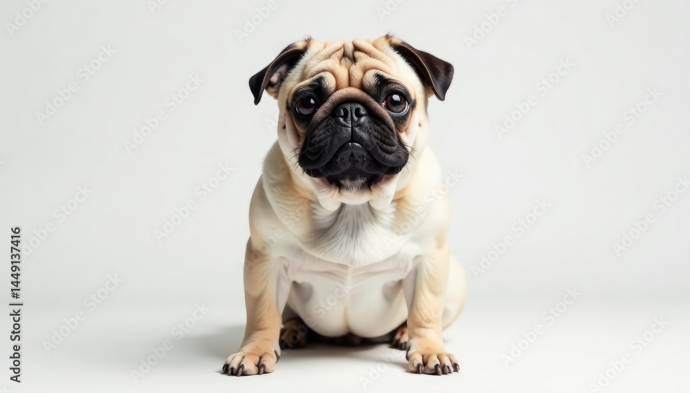 Obraz premium A lone pug, viewed from the front, is posed on a stark white backdrop , studio, canine