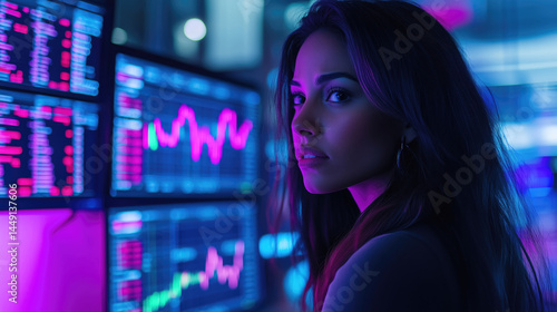 Focused woman in front of glowing screens displaying financial data