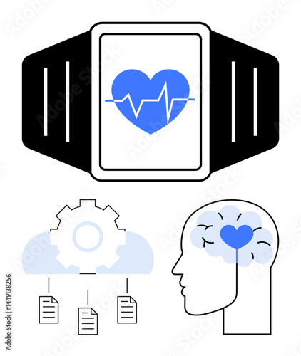 Smartwatch with heart monitor, cloud-based data integration with gear and documents, human head linking brain and heart. Ideal for health, technology, data management, innovation, fitness, mental