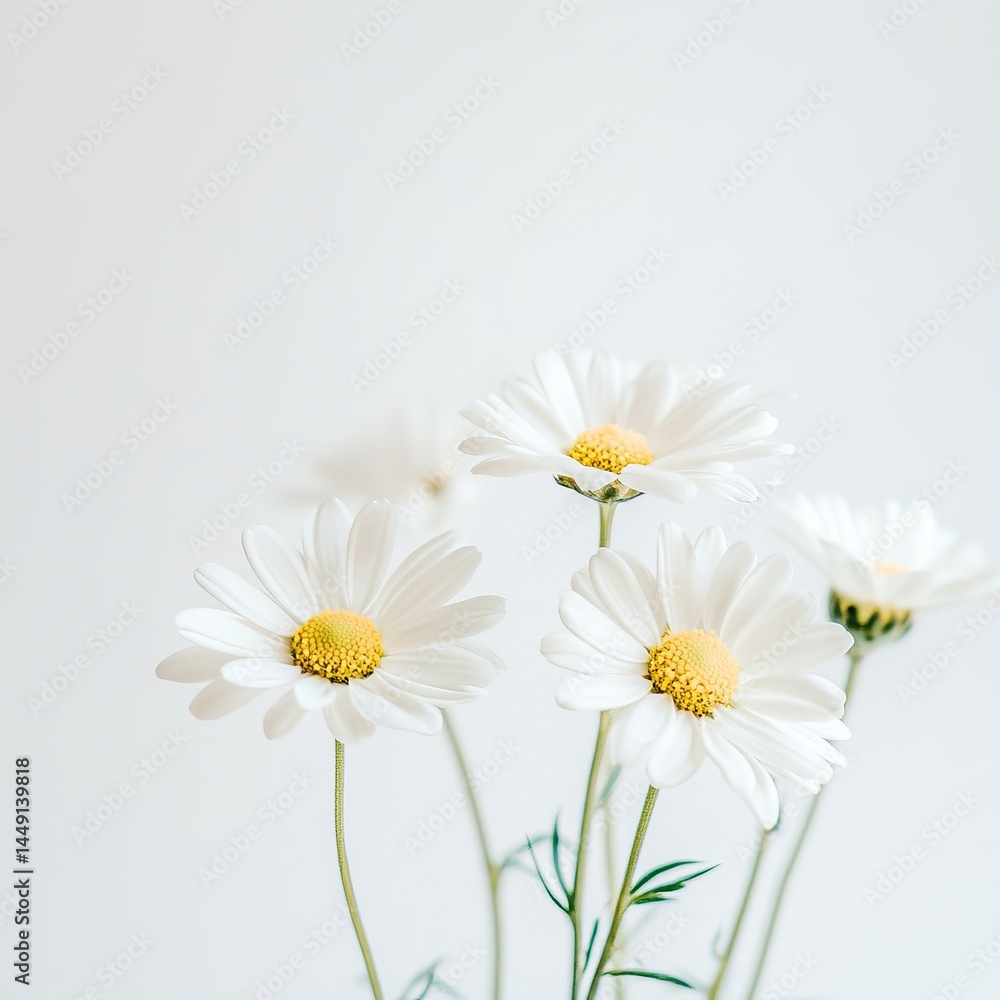 Obraz premium Elegant Arrangement of Three White Daisies in a Clear Vase Set Against a Soft White Background