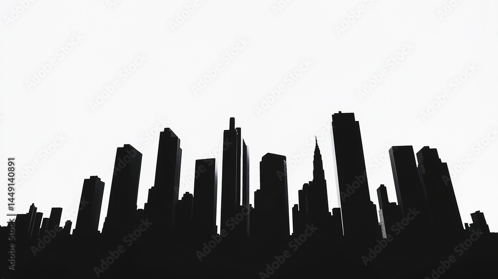 Minimalistic black city skyline silhouette on a white backdrop, focusing on sleek, modern skyscrapers and sharp edges. Minimalistic black city skyline silhouette on a white backdrop, focusing on sleek, modern skyscrapers and sharp edges.