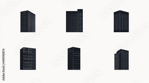 Six dark city skyscrapers  white background  architectural design