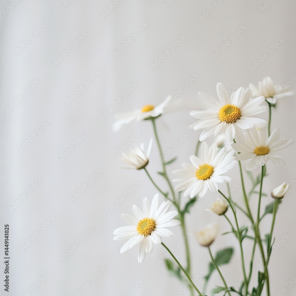 Obraz premium Elegant Arrangement of Pure White Flowers in a Simple Vase Set Against a Soft White Background