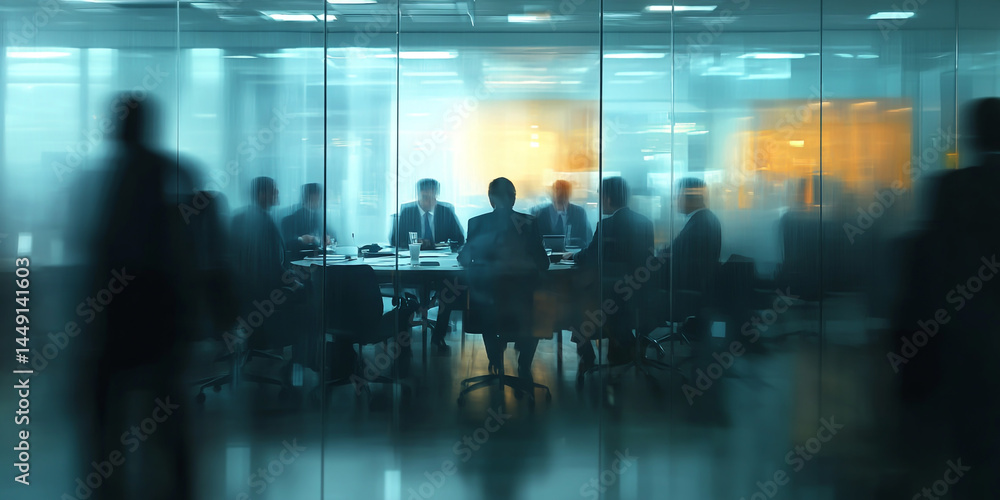 A blurred view of an office meeting room with business people in suits, sitting around round tables and discussing ideas A blurred view of an office meeting room with business people in suits, sitting around round tables and discussing ideas